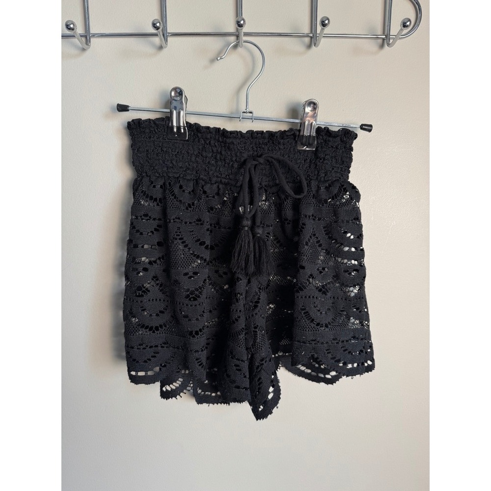 Miken Womens Black Crochet Swim Cover Up Shorts XS Boho Beach Summer Tassel